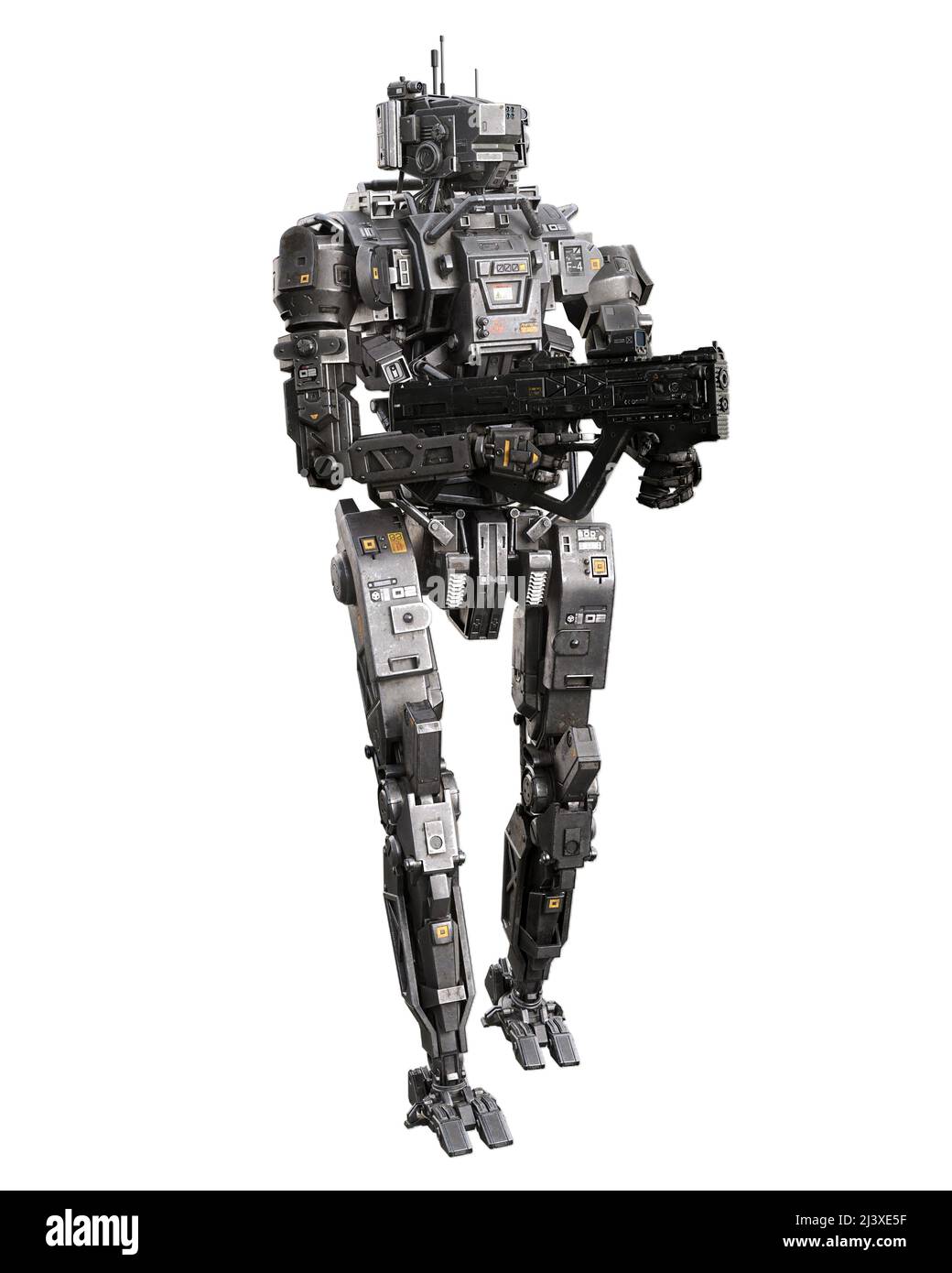 Fantasy futuristic cyberpunk droid robot walking and firing a submachine gun. 3D illustration isolated on white background with clipping path. Stock Photo