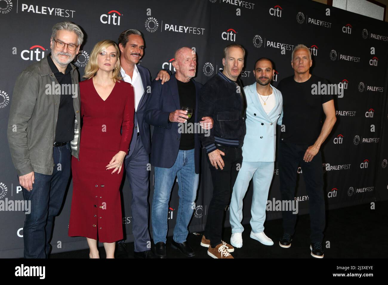 LOS ANGELES - APR 9:  Peter Gould, Rhea Seehorn, Tony Dalton, Johnathan Banks, Bob Odenkirk, Michael Mando, Patrick Fabian, Giancarlo Esposito at the PaleyFEST 2022 - Better Call Saul at Dolby Theater on April 9, 2022  in Los Angeles, CA Stock Photo