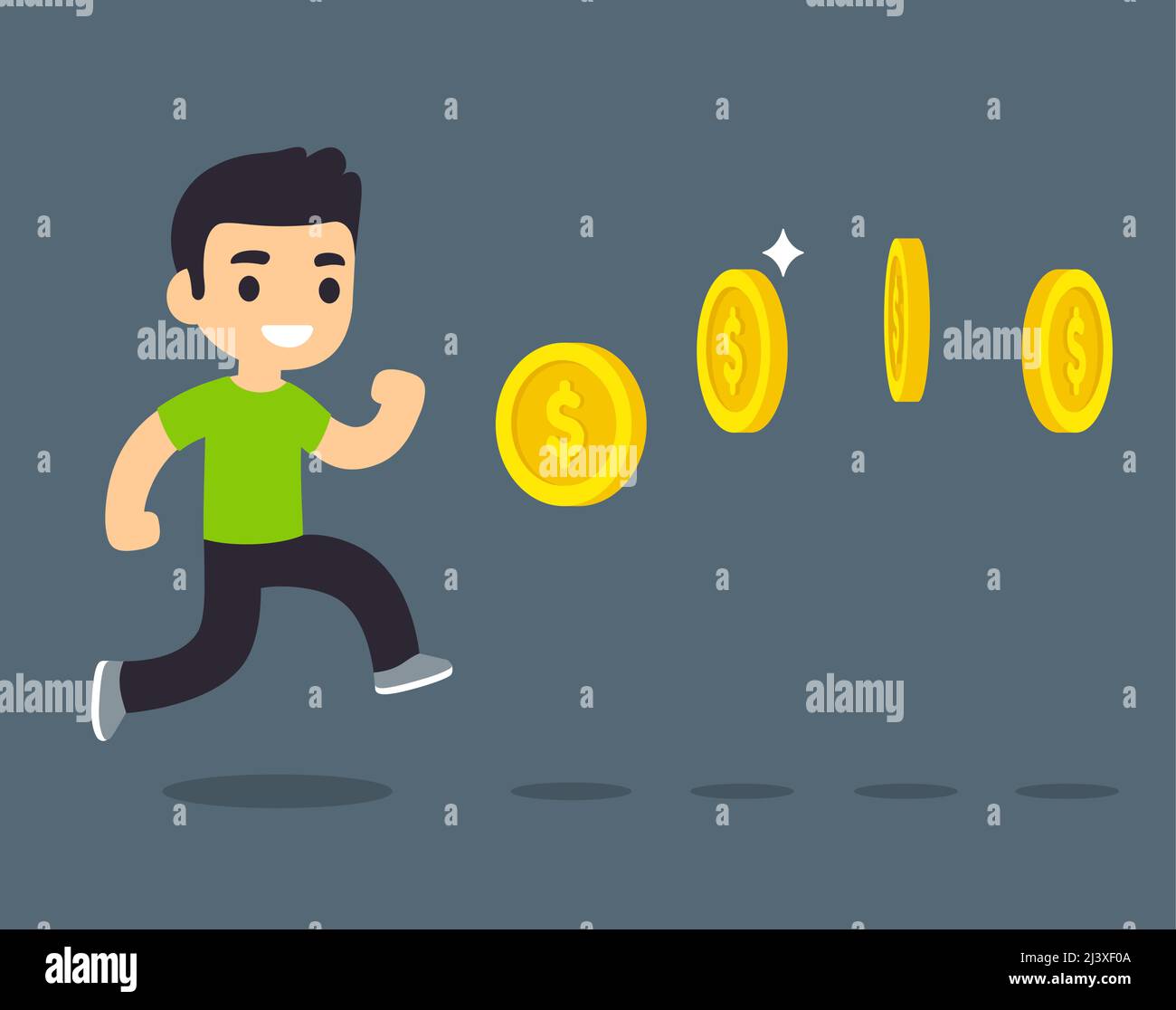 Young man jumping for coins in video game. Cute cartoon vector illustration. Stock Vector