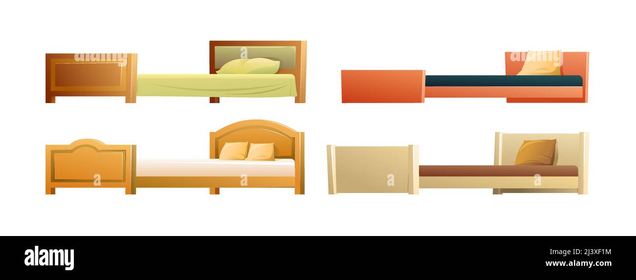 Set of modern beds with mattress and pillow. Side view. Cool design