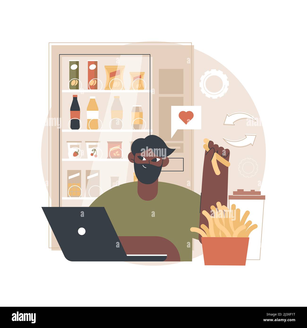 Snacking non-stop abstract concept vector illustration. Mindless snacking, junk food, non-stop eating while working, reduce cholesterol use, diet and Stock Vector