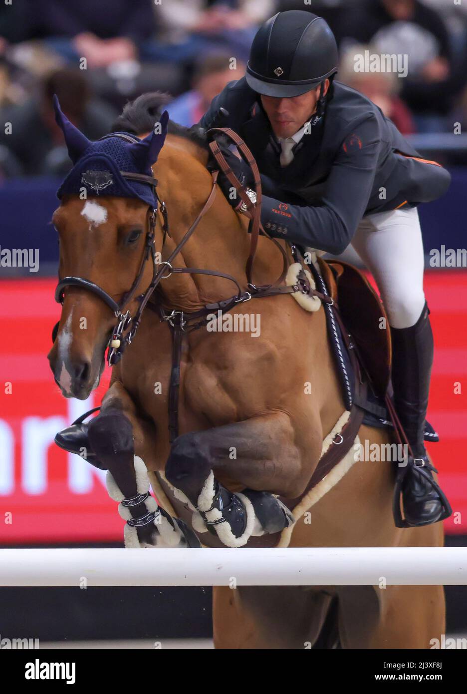 Leipzig, Germany. 10th Apr, 2022. Harrie Smolders from the Netherlands rides Monaco in the final of the Longines Fei Jumping World Cup at the Leipzig Fair. Credit: Jan Woitas/dpa/Alamy Live News Stock Photo