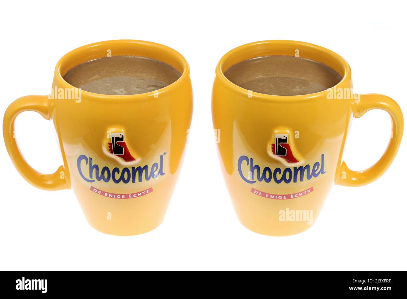 pair of Chocomel mugs with chocolate-flavoured milk isolated on white background Stock Photo