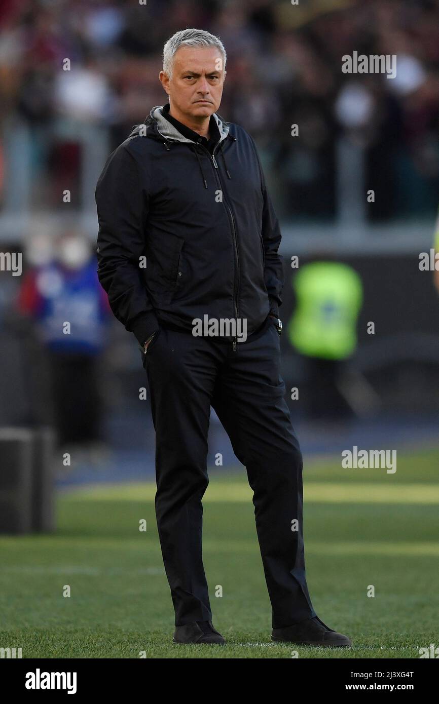 Rome, Italy. 10th Apr, 2022. Jose Mourinho coach of AS Roma during the Serie A football match between AS Roma and US Salernitana at Olimpico stadium in Rome (Italy), April 10th, 2022. Rome, Italy. 10th Apr, 2022. Jose Mourinho coach of AS Roma during the Serie A football match between AS Roma and US Salernitana at Olimpico stadium in Rome (Italy), April 10th, 2022.