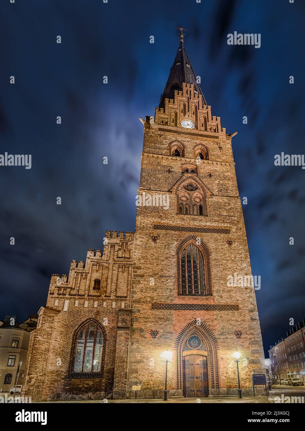 St. Peter's Church (Sankt Petri kyrka) at night. Oldest church in Malmö, 14th century Brick Gothic style, Sweden Stock Photo