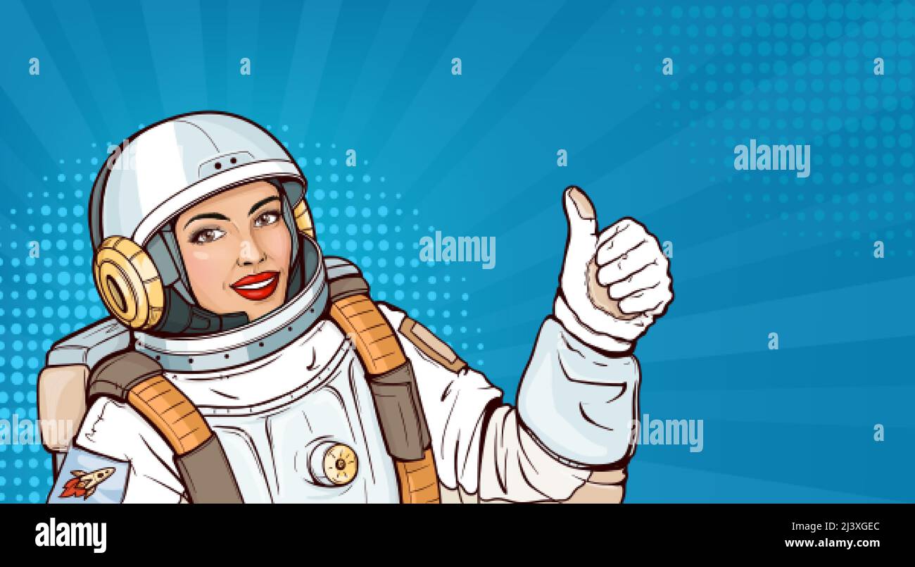 Pop art astronaut girl in space suit showing thumb up or like gesture. Smiling woman cosmonaut in helmet and uniform for exploration demonstrating approval sign on blue halftone background. Stock Vector