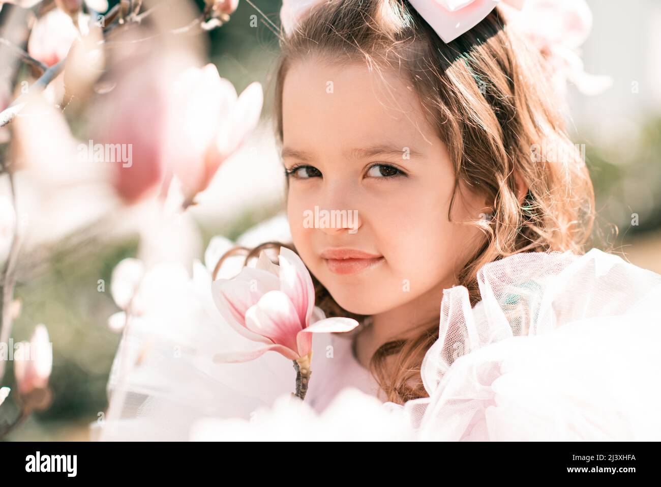 Beautiful smiling kid girl 45 year old wear stylish princess dress
