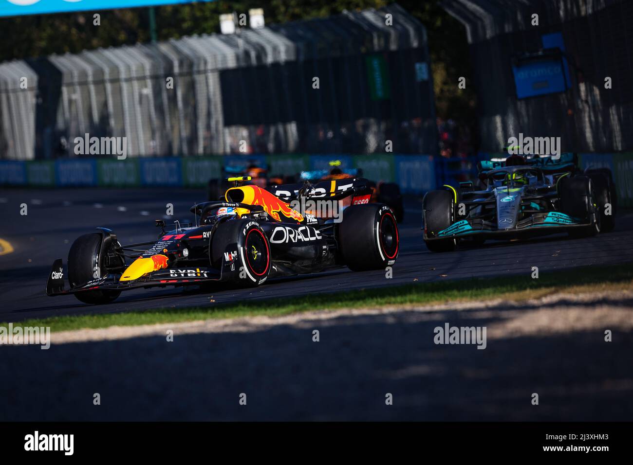Melbourne, Australia. 10th Apr, 2022. 11 PEREZ Sergio (mex), Red Bull Racing RB18, 44 HAMILTON Lewis (gbr), Mercedes AMG F1 Team W13, action during the Formula 1 Heineken Australian Grand Prix 2022, 3rd round of the 2022 FIA Formula One World Championship, on the Albert Park Circuit, from April 8 to 10, 2022 in Melbourne, Australia - Photo: Florent Gooden/DPPI/LiveMedia Credit: Independent Photo Agency/Alamy Live News Stock Photo