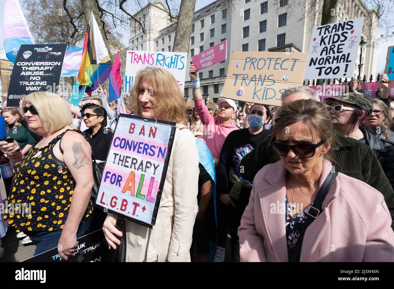 10/04/2022. London, UK. Photo by Ray Tang. Protesters take part in a demonstration in Whitehall after the government will excluded exclude trans people fro conversation therapy. Stock Photo