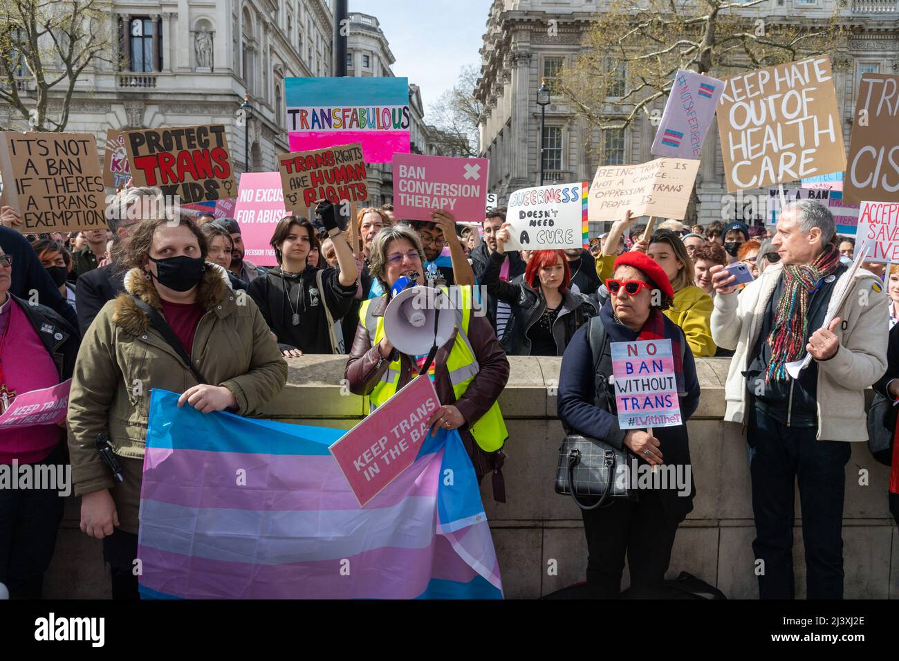 10/04/2022. London, UK. Photo by Ray Tang. Protesters take part in a demonstration in Whitehall after the government will excluded exclude trans people fro conversation therapy. Stock Photo