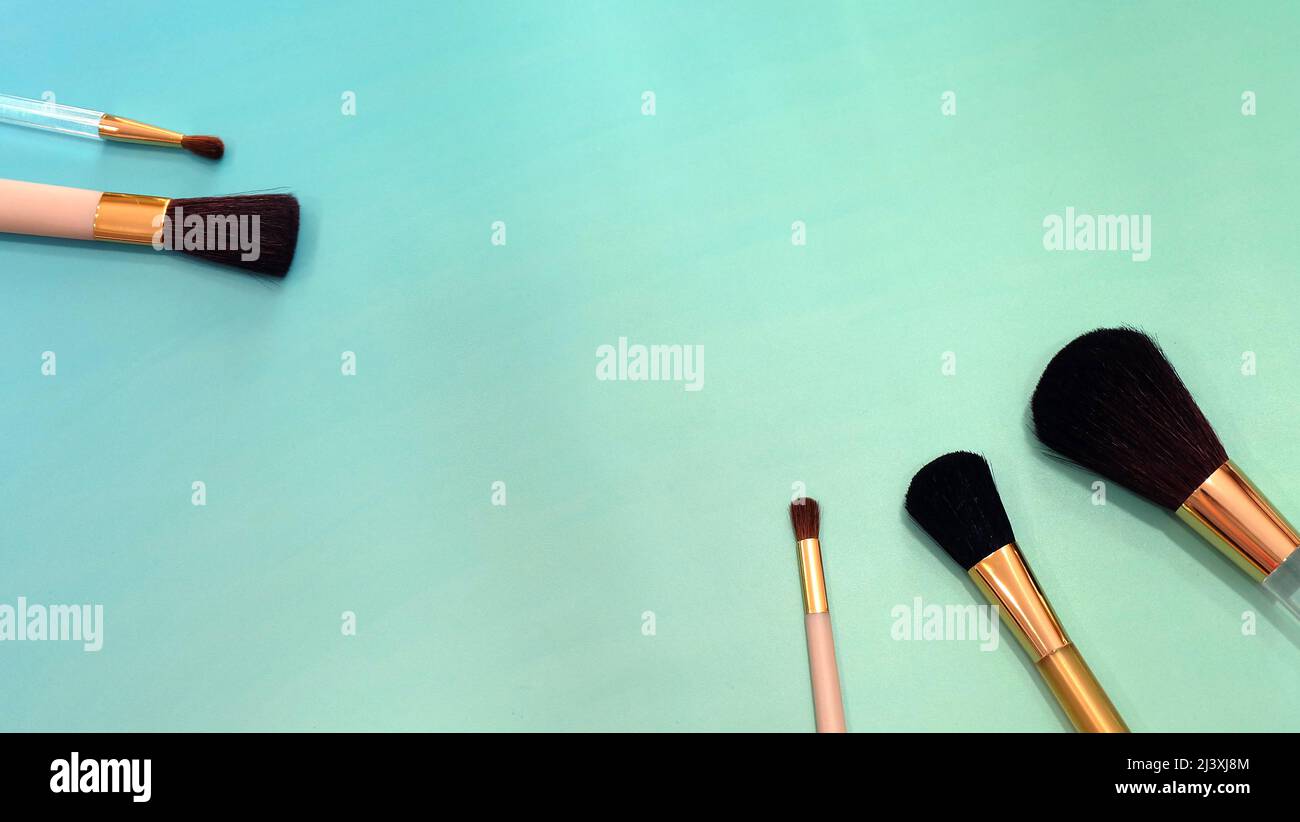 Flat lay of make-up brushes in different sizes. On a greenish background. Stock Photo