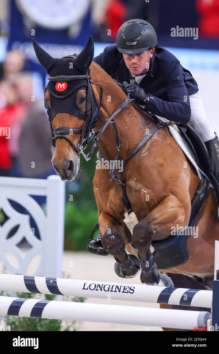 Leipzig, Germany. 10th Apr, 2022. Gerrit Nieberg from Germany rides Ben in the final of the Longines Fei Jumping World Cup at the Leipzig Fair. Credit: Jan Woitas/dpa/Alamy Live News Stock Photo