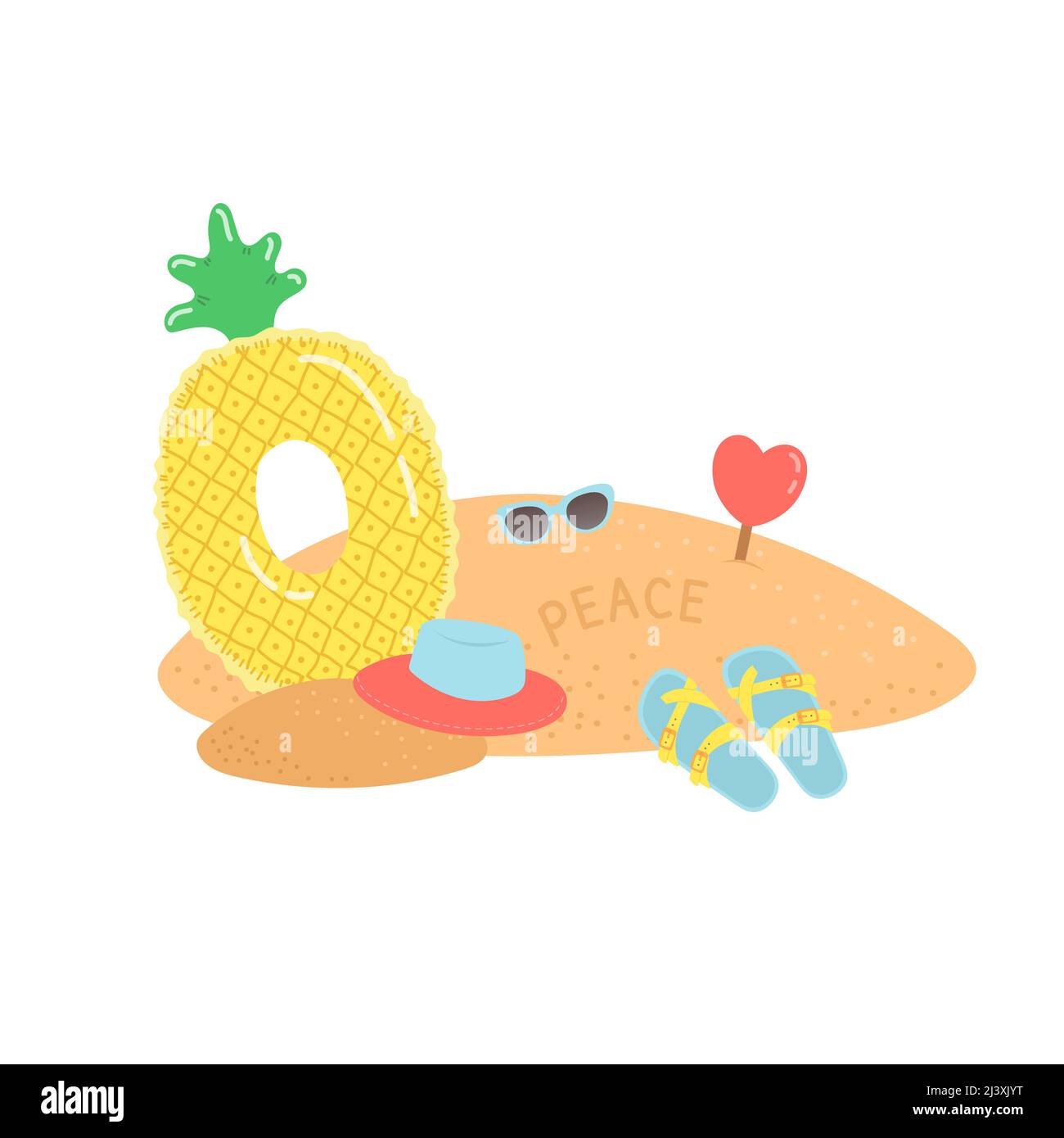 Hello summer set of elements on sand, vector Stock Vector