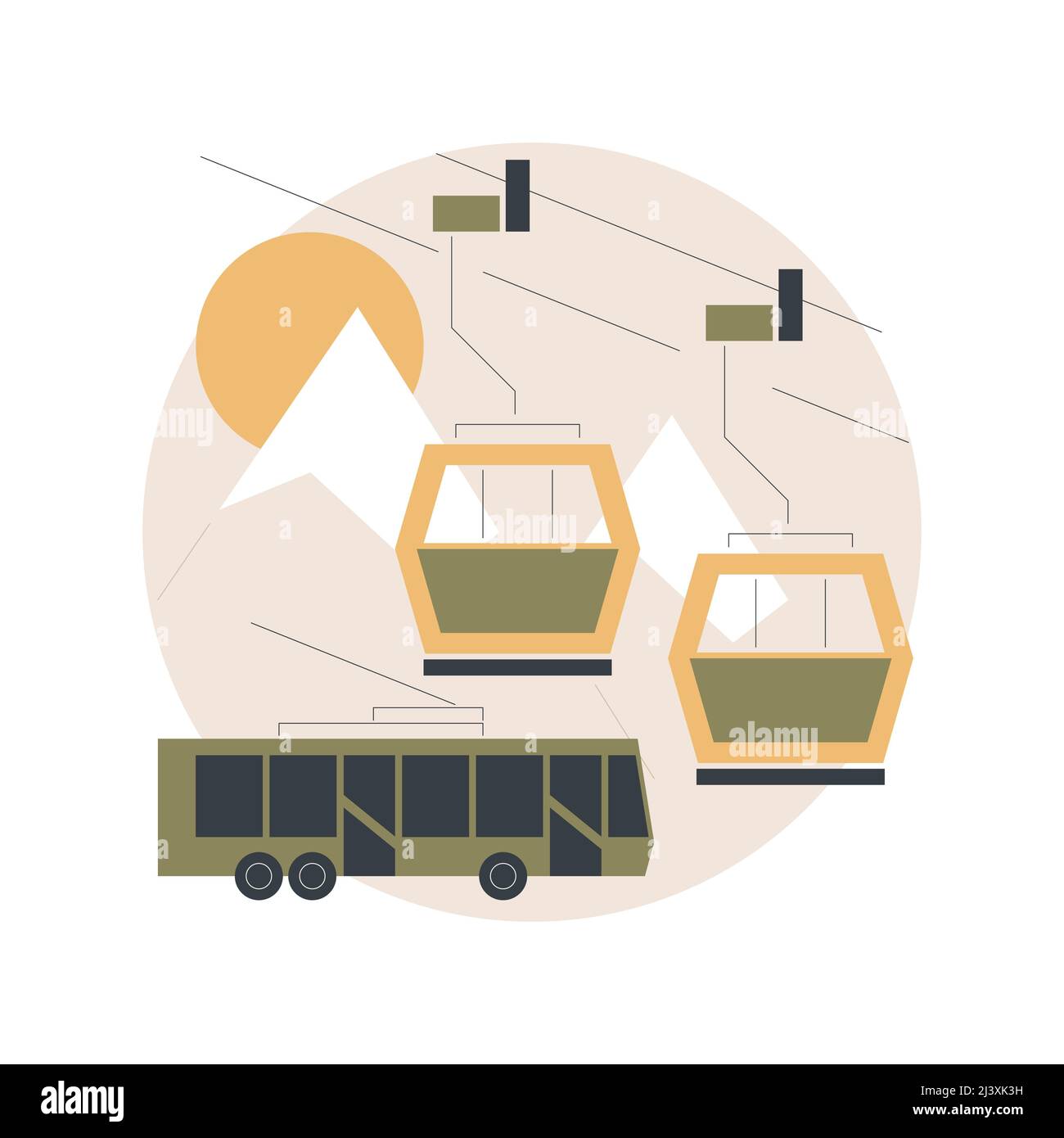 Cable transport abstract concept vector illustration. Cable ways, transport modes, ev electric car bus, old funicular, trolleybus, carrying tourists, Stock Vector