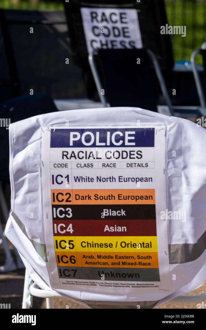 Extinction Rebellion launching a period of civil disruption in London from the 9 April 2022. Police race code chess. IC1, IC2, IC3, IC4, IC5, IC6 Stock Photo