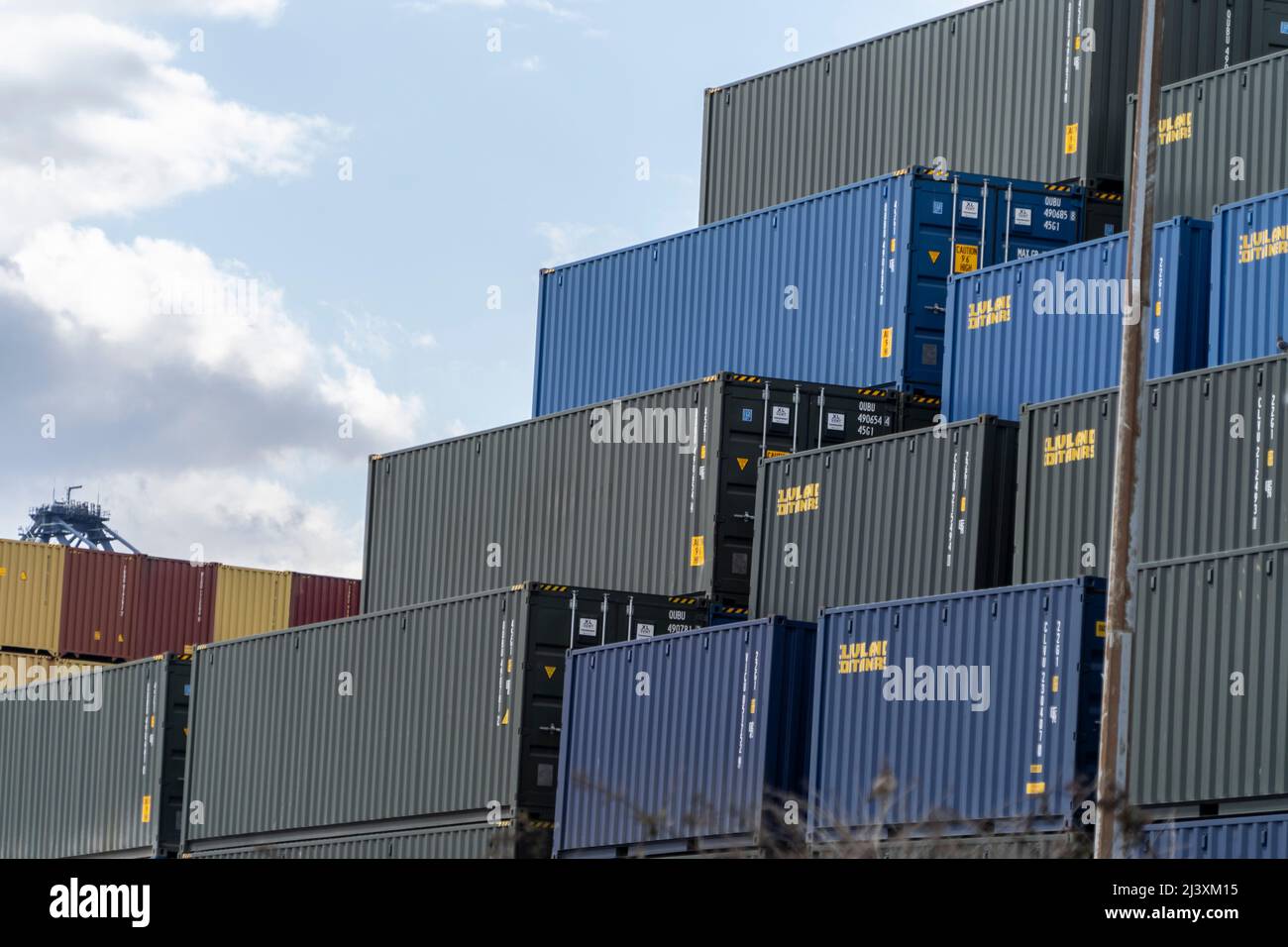 Stacks of shipping containers in the Port of Felixstowe, Suffolk, UK