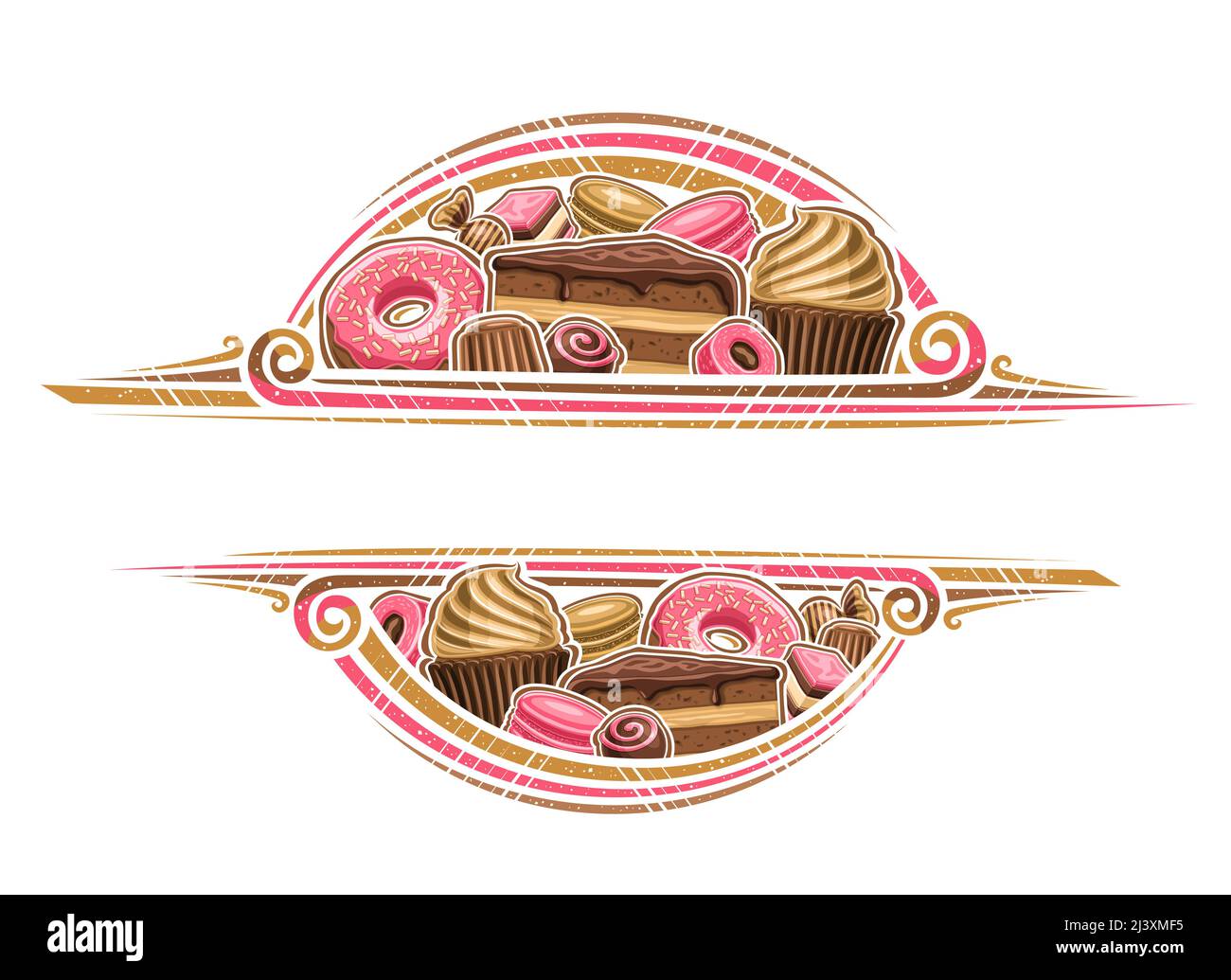 Vector border for Pastry Shop with copy space for text, decorative layout with illustration heap of different pastries, glazed cake slice, rose color Stock Vector