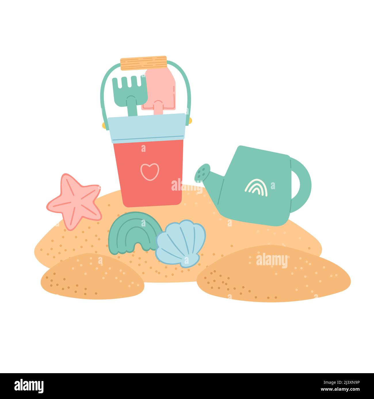 Hello summer set of elements on sand, vector Stock Vector