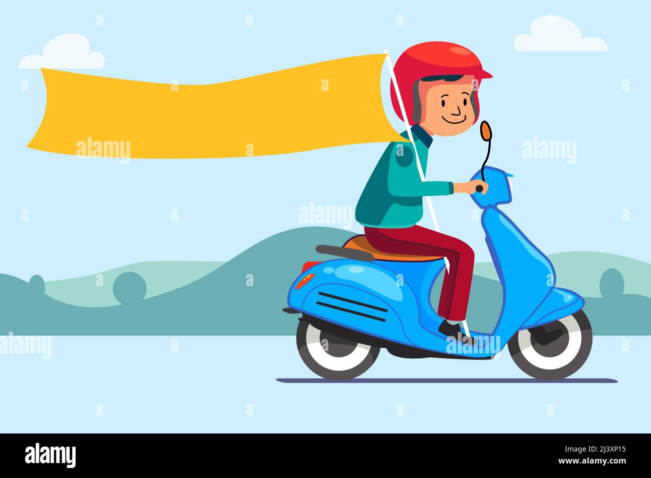 A vector illustration of Scooter Rider Carrying Blank Banner Cartoon Stock Vector