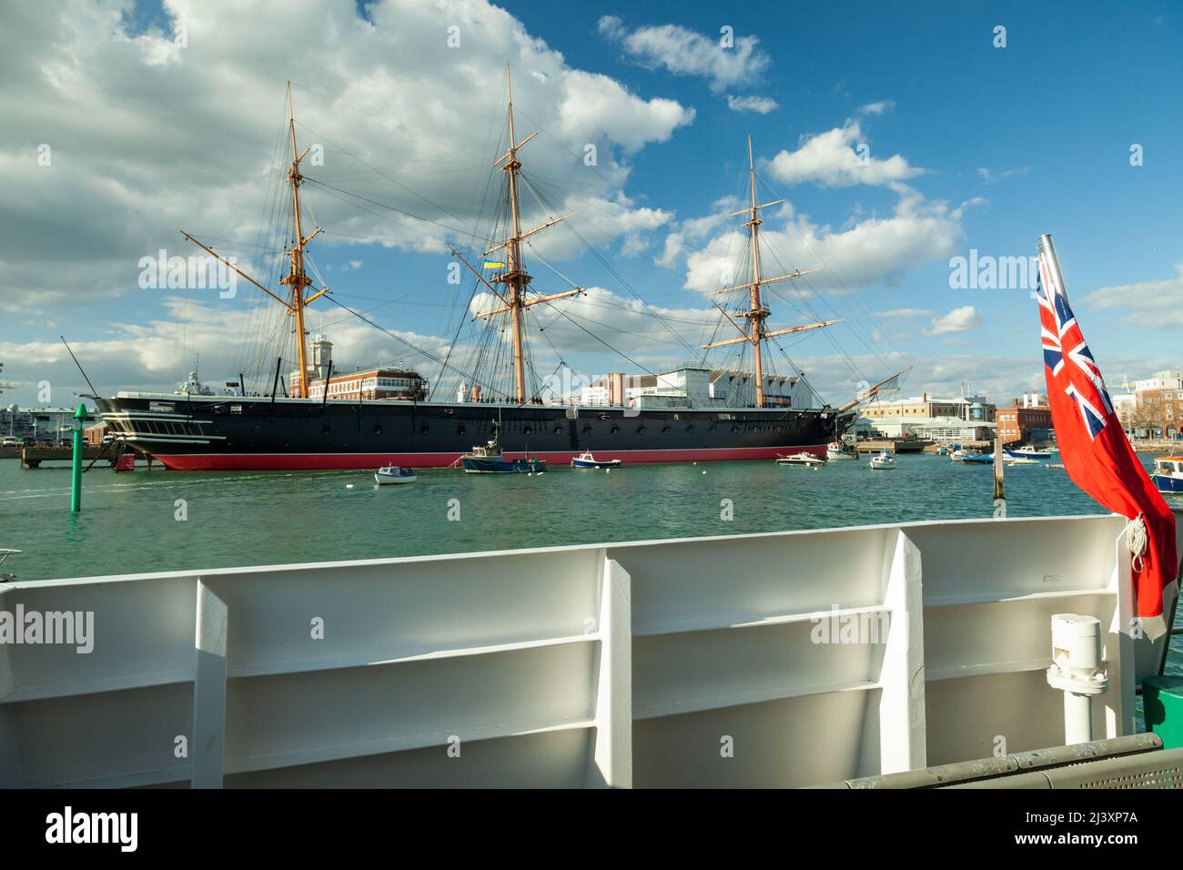 HMS Warrior historic Royal Navy warship seen from Gosport Ferry at Portsmouth Harbour, Hampshire, England. Stock Photo