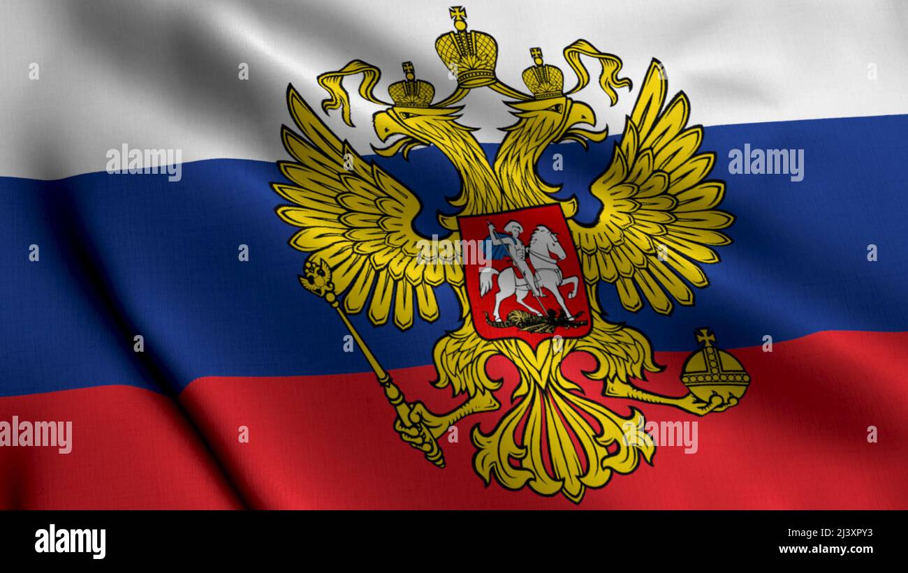 Russian Satin Flag With Coat of Arms of Russia. Waving Fabric