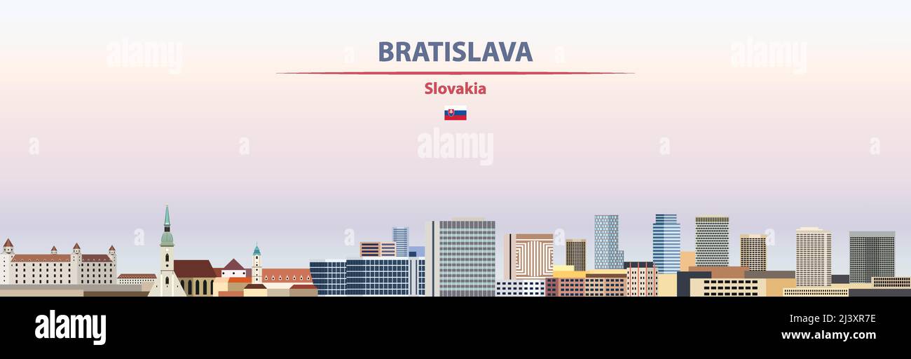 Bratislava cityscape on sunset sky background vector illustration with country and city name and with flag of Slovakia Stock Vector