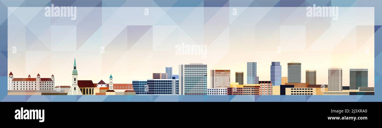 Bratislava skyline vector colorful poster on beautiful triangular texture background Stock Vector