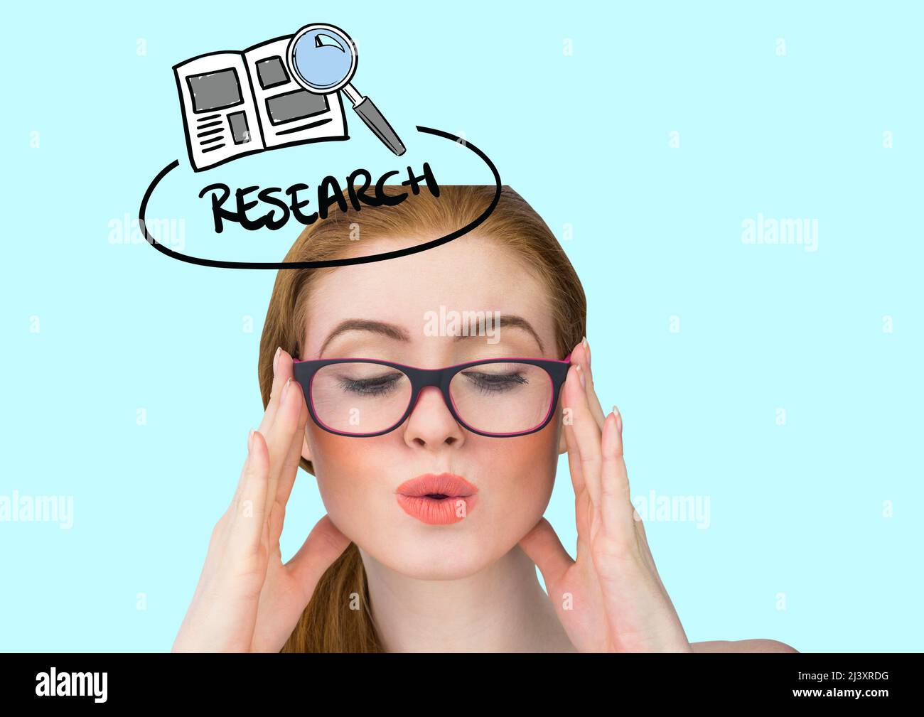 Binocular over a book icon with research text against caucasian woman