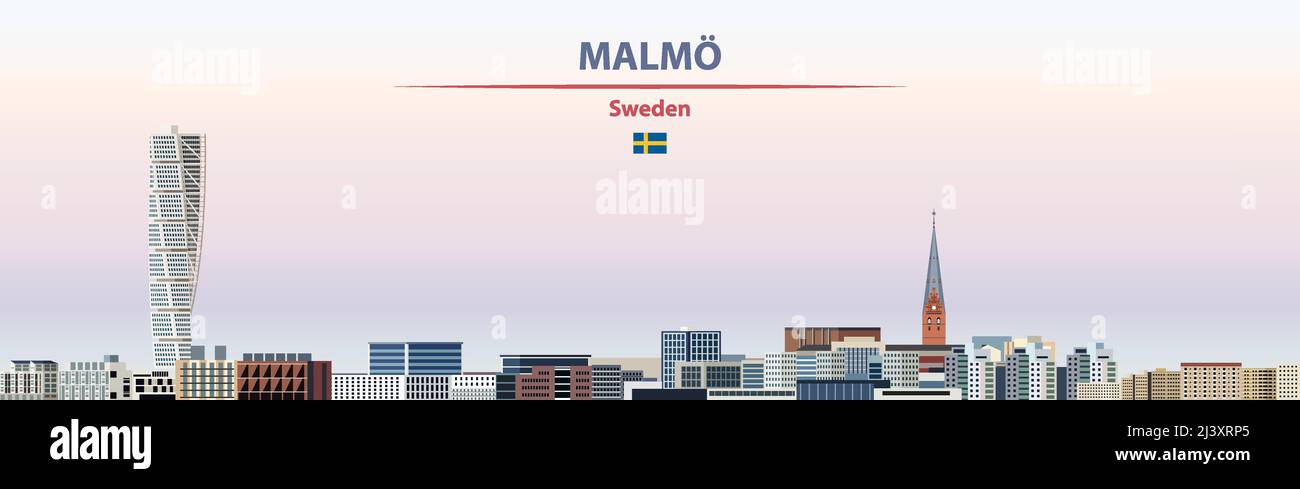 Malmö cityscape on sunset sky background vector illustration with country and city name and with flag of Sweden Stock Vector