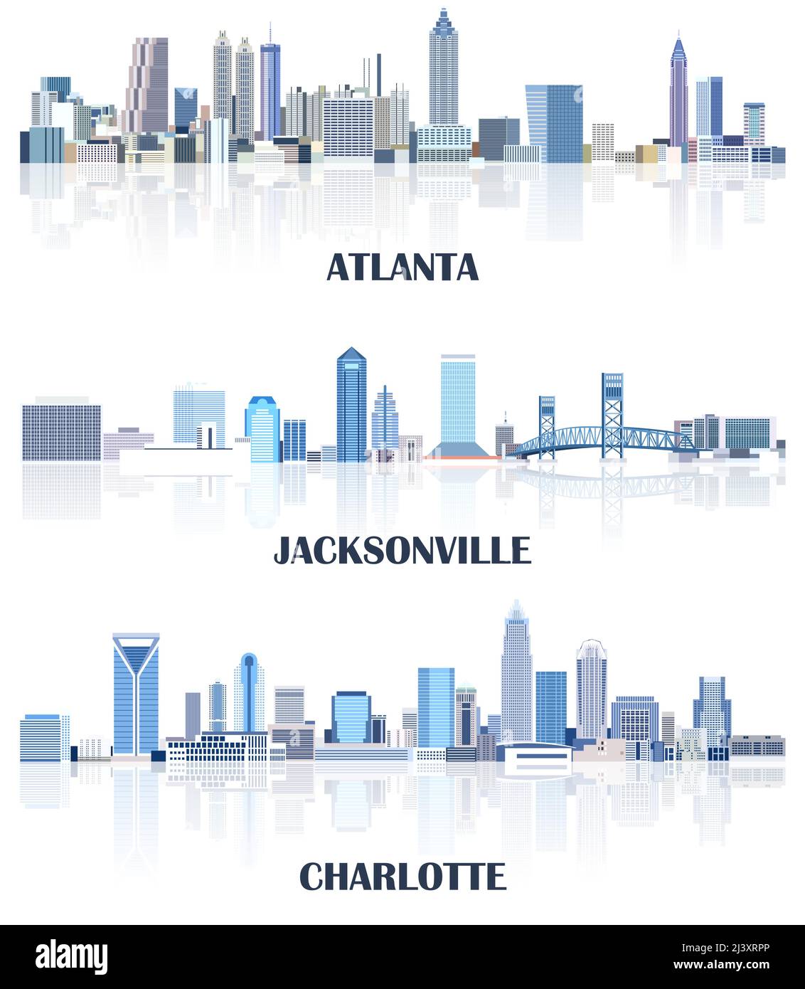 vector collection of United States cityscapes: Atlanta, Jacksonville, Charlotte skylines in tints of blue color palette. Сrystal aesthetics style Stock Vector