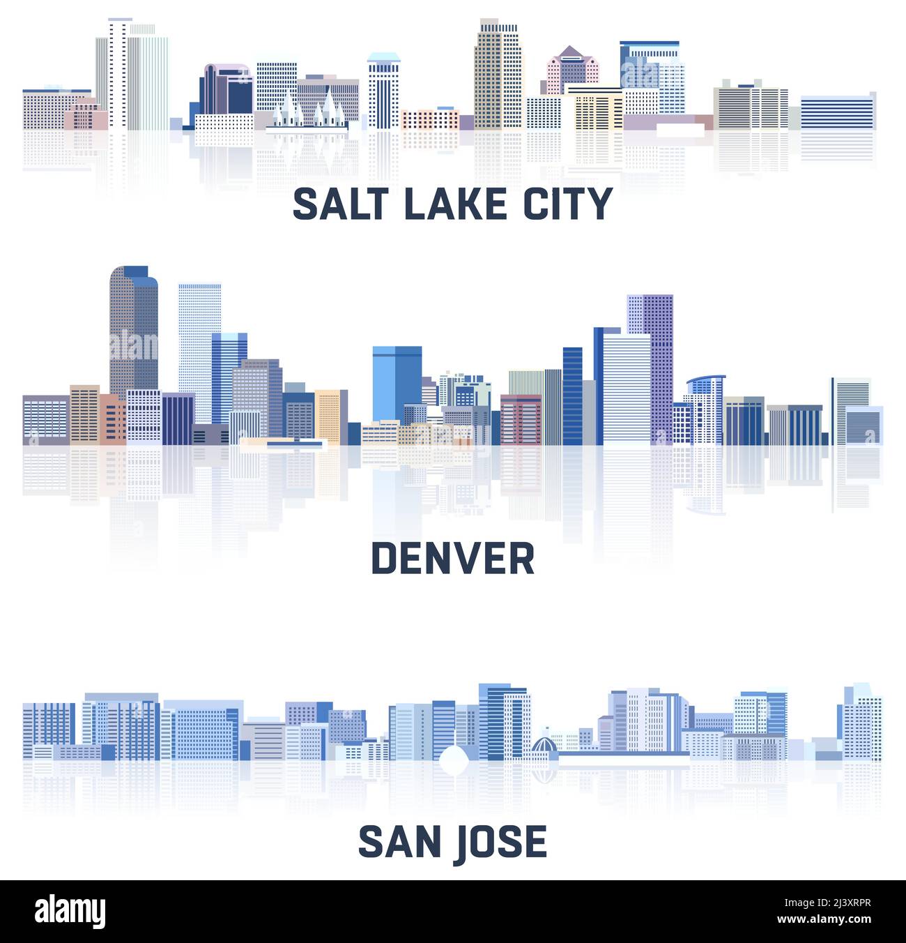 vector collection of United States cityscapes: Salt Lake City, Denver, San Jose skylines in tints of blue color palette. Сrystal aesthetics style Stock Vector