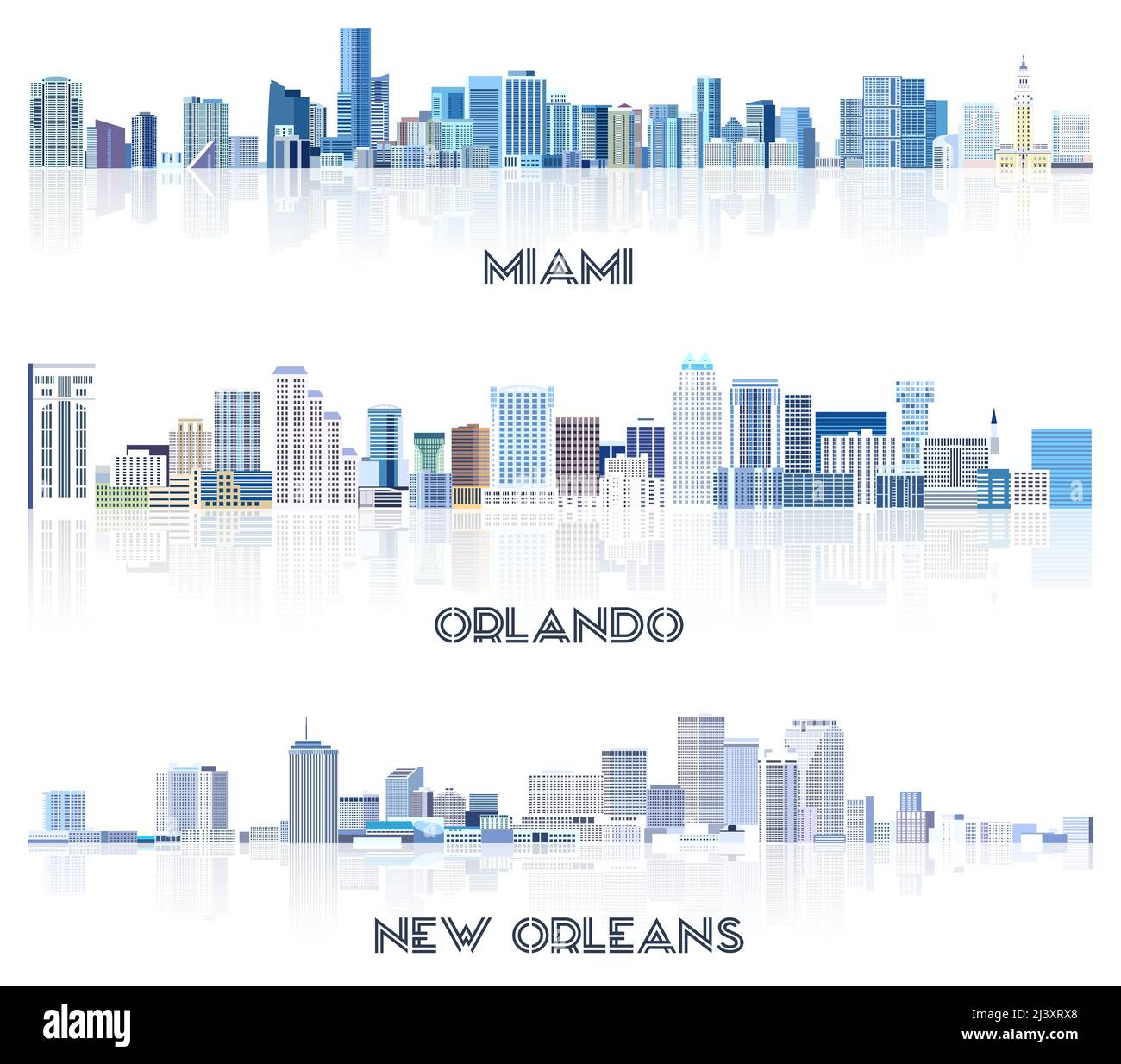 vector collection of United States cityscapes: Miami, Orlando, New Orleans skylines in tints of blue color palette. Сrystal aesthetics style Stock Vector