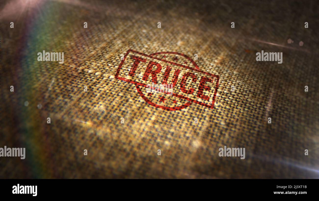 Truce stamp printed on linen sack. Armistice, peace, stop war and cease-fire concept. Stock Photo
