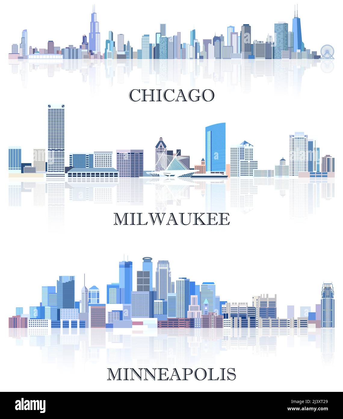 vector collection of United States cityscapes: Chicago, Milwaukee, Minneapolis skylines in tints of blue color palette. Сrystal aesthetics style Stock Vector