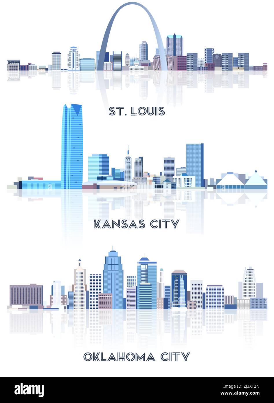 vector collection of United States cityscapes: St. Louis, Kansas City, Oklahoma City skylines in tints of blue color palette. Сrystal aesthetics style Stock Vector