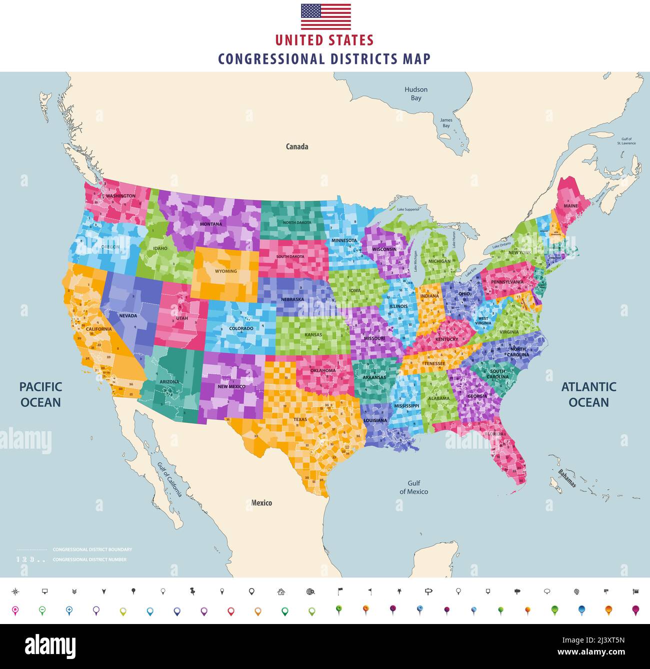 United States congressional districts map. High detailed vector illustration. All elements separated in detachable and labeled layers Stock Vector