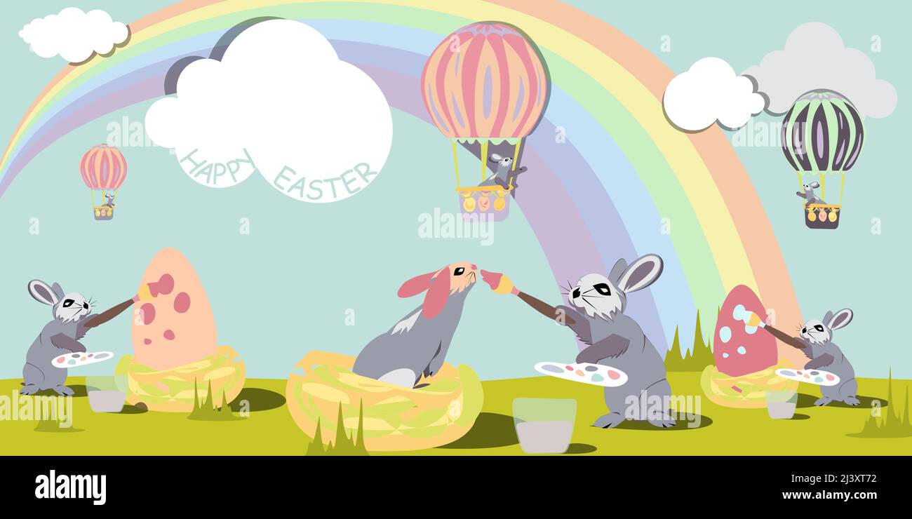 Easter bunnis paints Easter eggs and rabbits with pastel colors on the background of rainbows, clouds and air balloons. Happy Easter vector isolated c Stock Vector