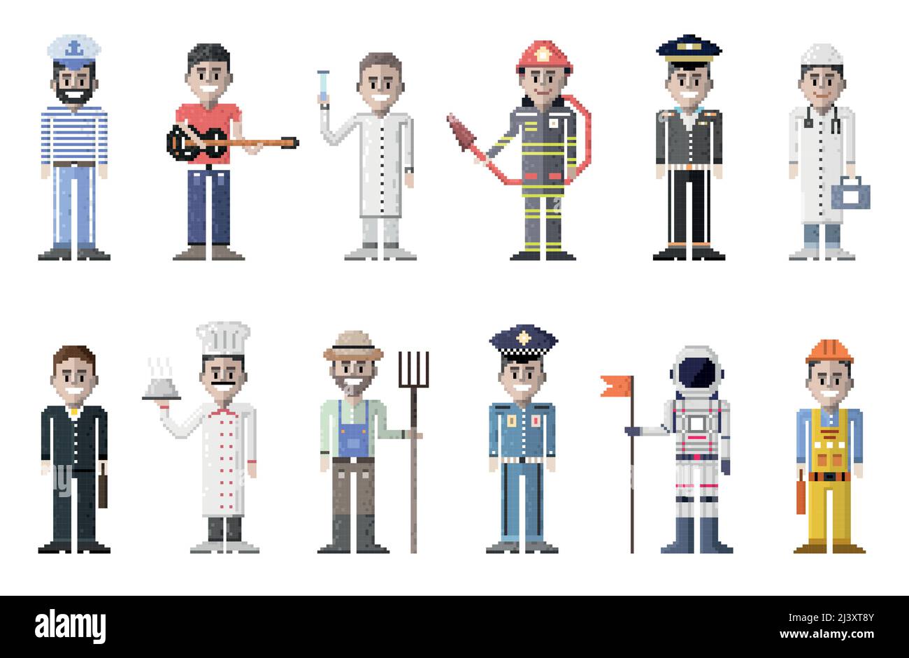 vector collection of pixel art personages of different professions Stock Vector