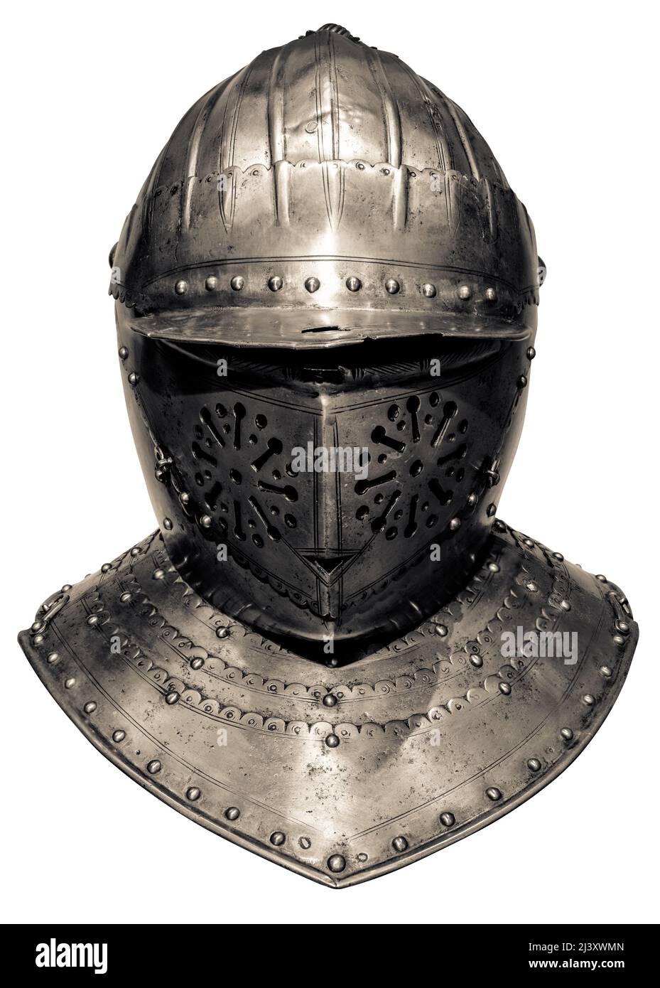 Isolation Of A Medieval Helmet, Visor And Gorget From A Suit Of Armour, On A White Background Stock Photo