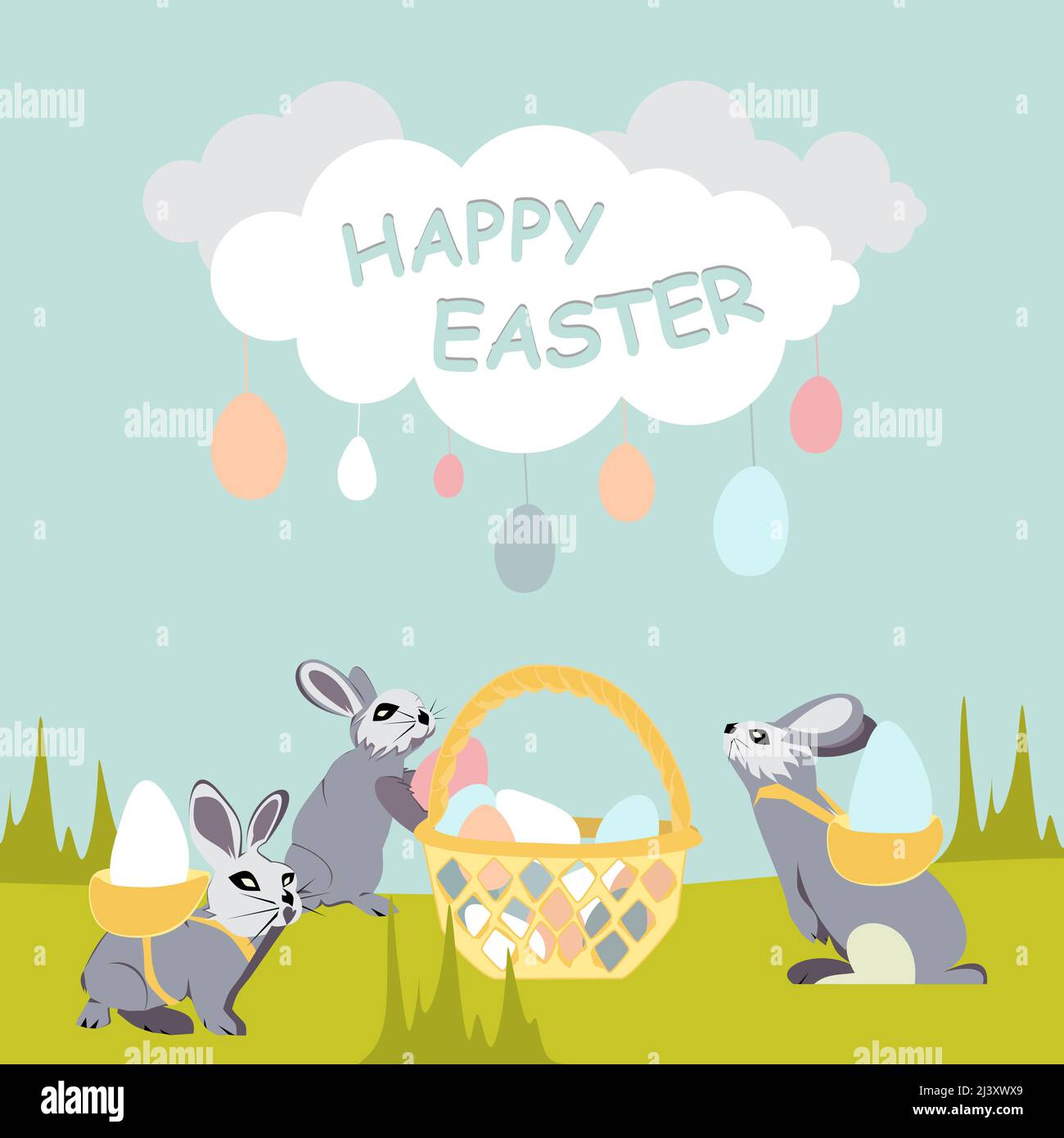Easter bunnies stack Easter eggs in a wicker basket. Above the rabbits is a cloud from which drops of spring rain fall in the form of Easter eggs with Stock Vector