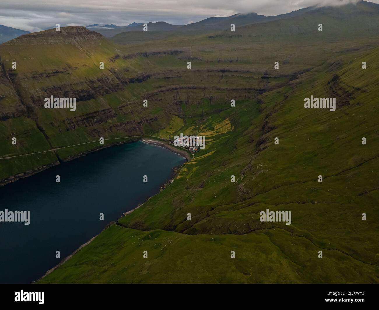 Beautiful aerial view of Risin and Kellingin, the giant and the witch view from Tjornuvik in the Faroe Island Stock Photo