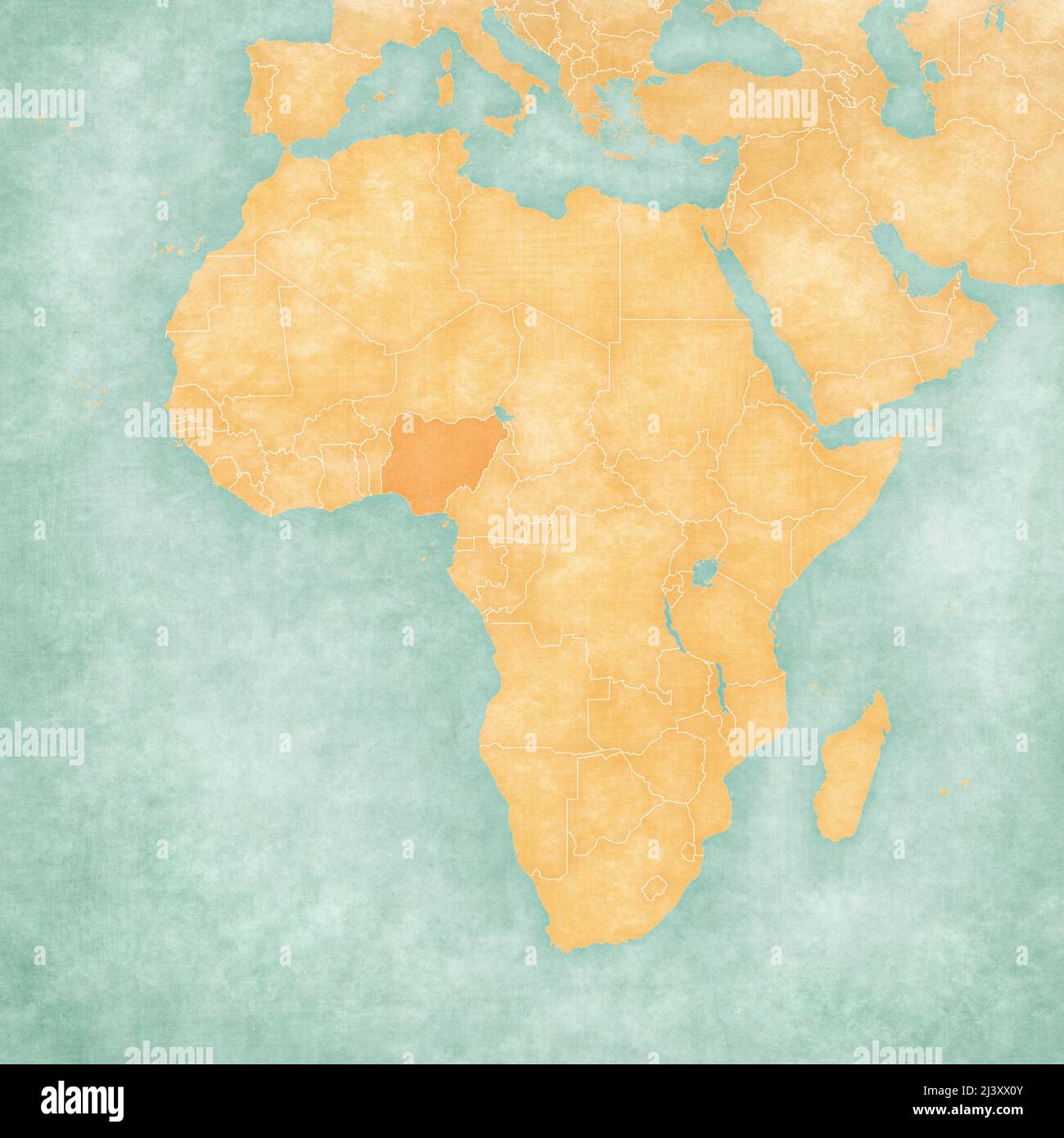 Nigeria on the map of Africa in soft grunge and vintage style, like old ...