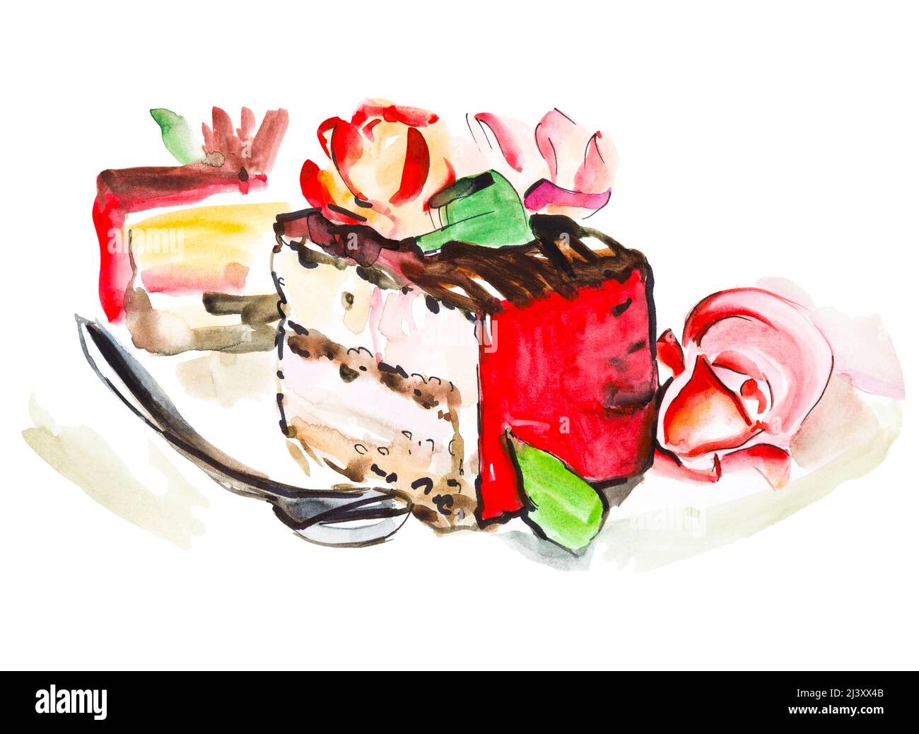 Hand drawn watercolor slice of creamy pie with flowers, isolated cake  illustration on white background Stock Photo - Alamy