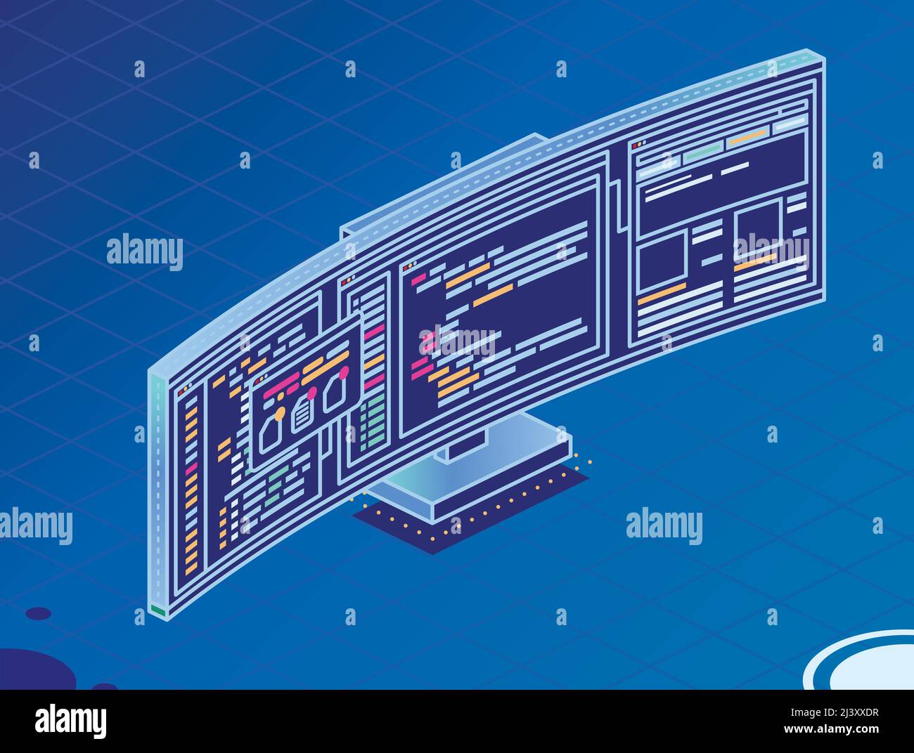 Isometric Curved Gaming Monitor with Open Web Pages and Folders. PC Computer Monoblock. Outline Monitor on Blue Background. Vector Illustration. Stock Vector