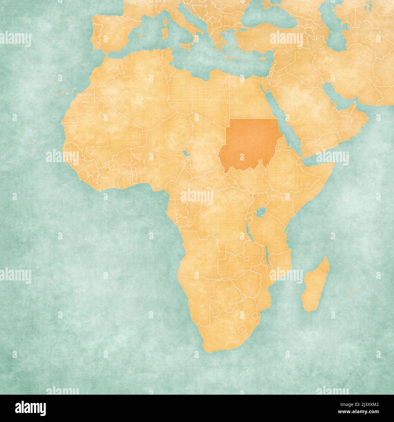 Sudan on the map of Africa in soft grunge and vintage style, like old ...