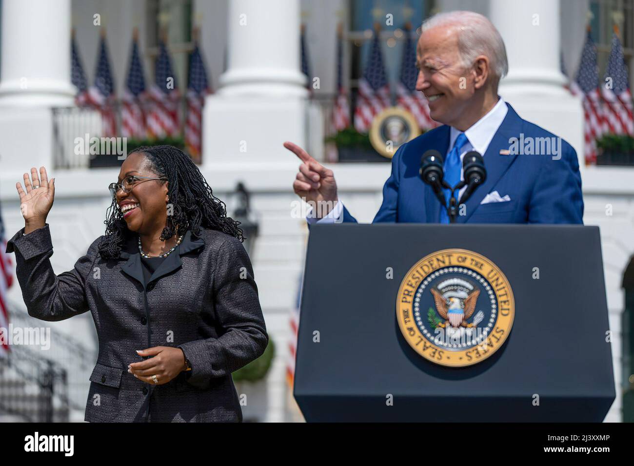 Judge Ketanji Brown Jackson with President Joe Biden and VP Kamala Harris. Jackson has been confirmed to be the first black, African American woman to become an Associate Justice of the United States Supreme Court. Since Justice Stephen Breyer announced his retirement, President Biden has conducted a rigorous process to identify his replacement. President Biden sought a candidate with exceptional credentials, unimpeachable character, and unwavering dedication to the rule of law. (White House Photo) Stock Photo