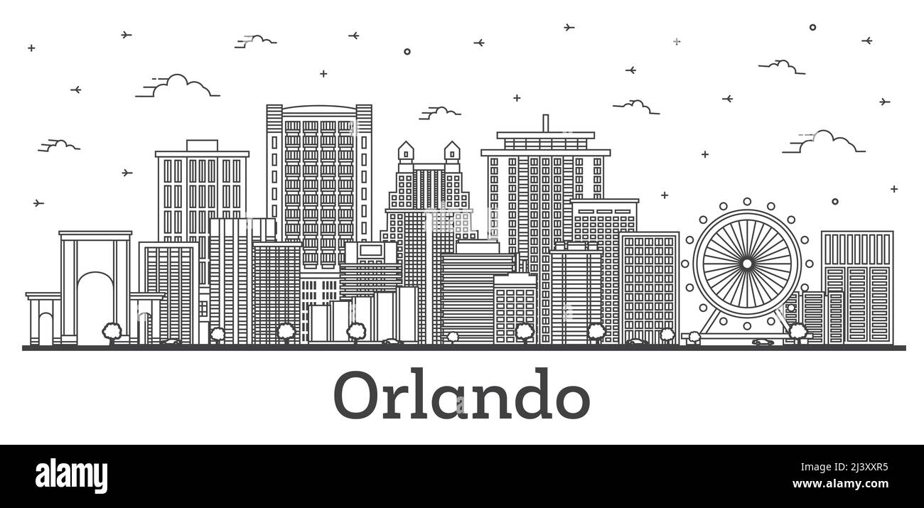 Outline Orlando Florida City Skyline with Modern and Historic Buildings
