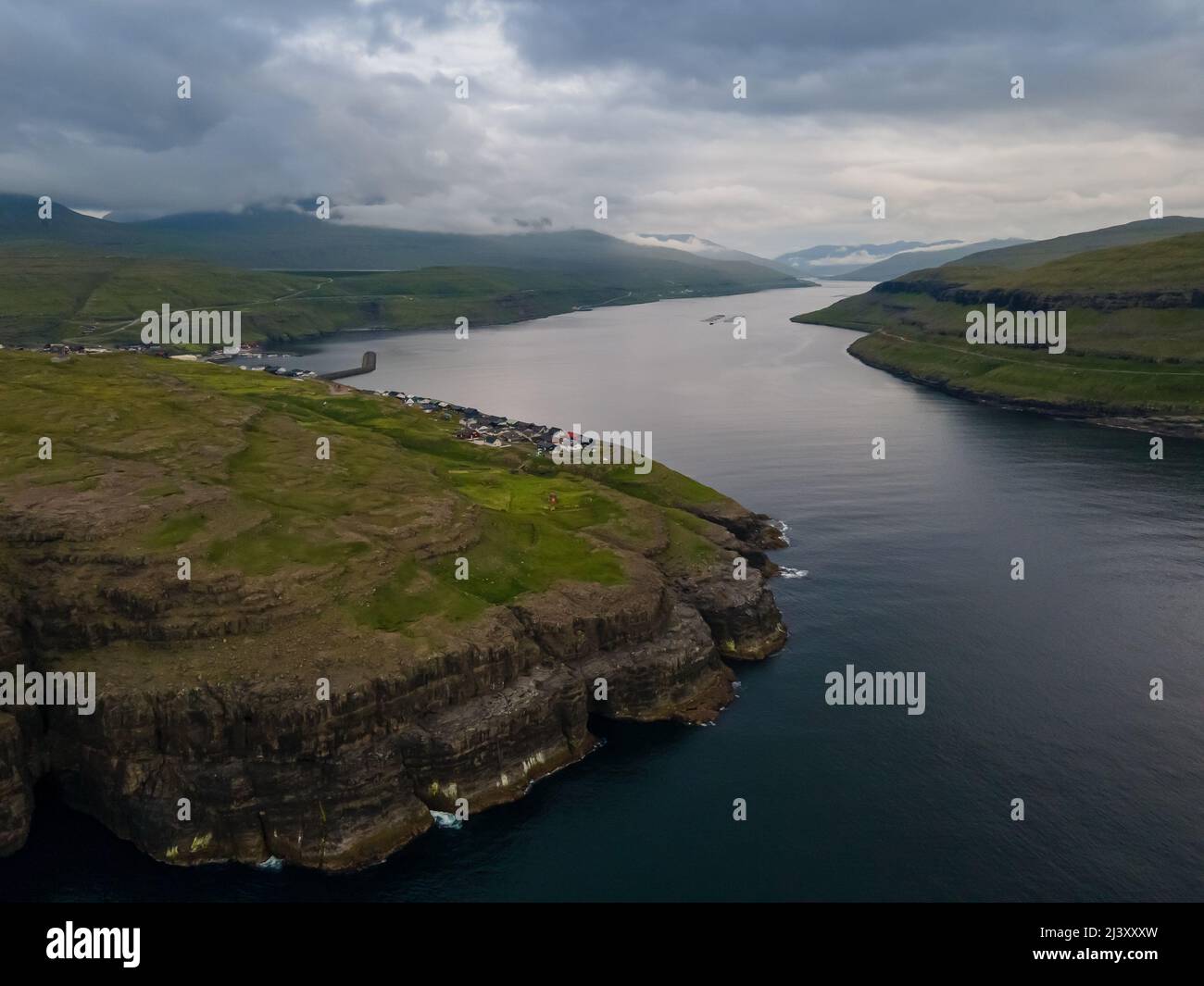 Beautiful aerial view of Risin and Kellingin, the giant and the witch view from Tjornuvik in the Faroe Island Stock Photo