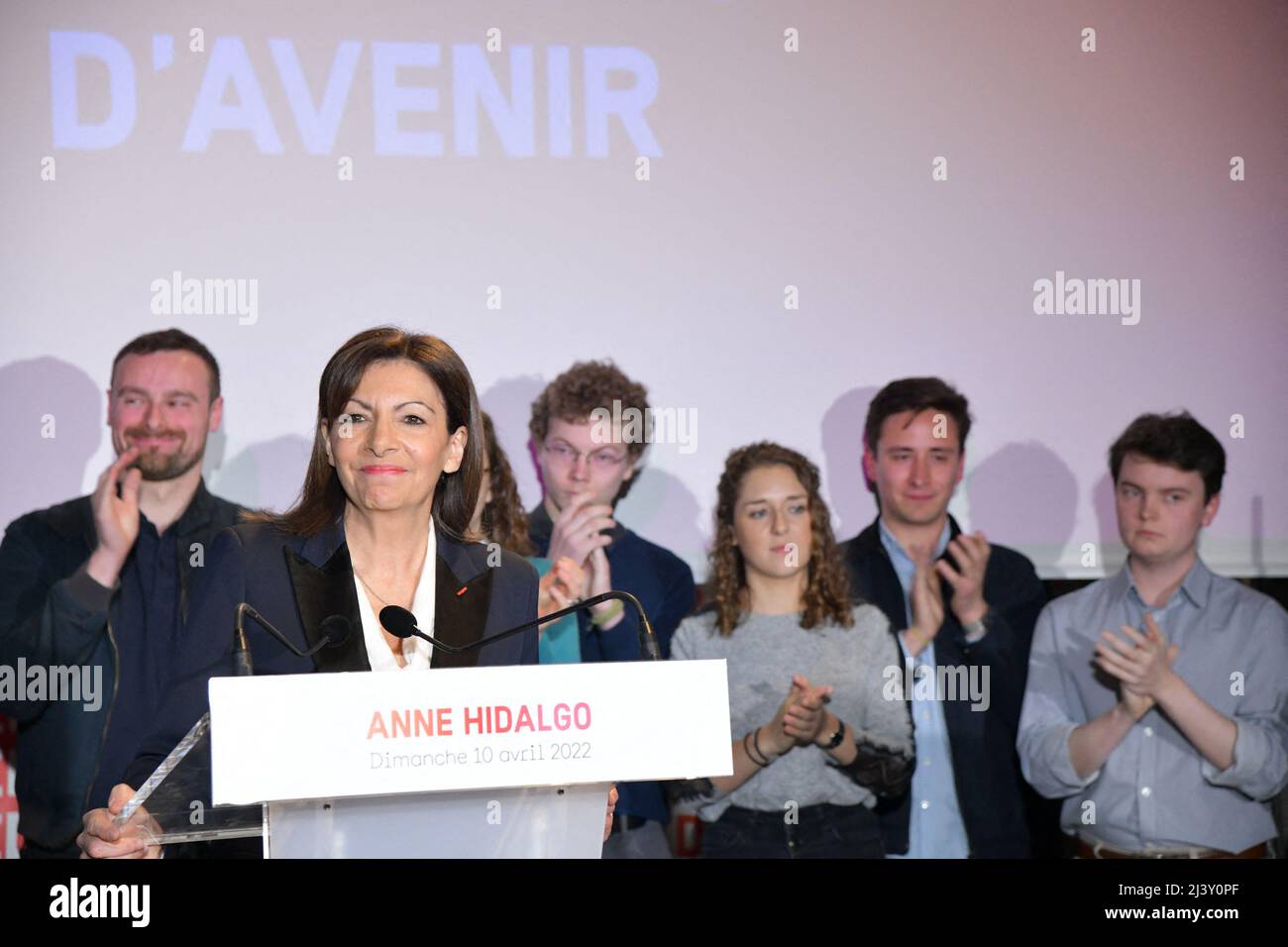 Paris, France. 10th Apr, 2022. French Socialist Party (PS) presidential candidate Anne Hidalgo addresses party supporters after the first results of the first round of the Presidential election at Poincon Paris in Paris, France on April 10, 2022. Photo by Jana Call MeJ/ABACAPRESS.COM Credit: Abaca Press/Alamy Live News Stock Photo