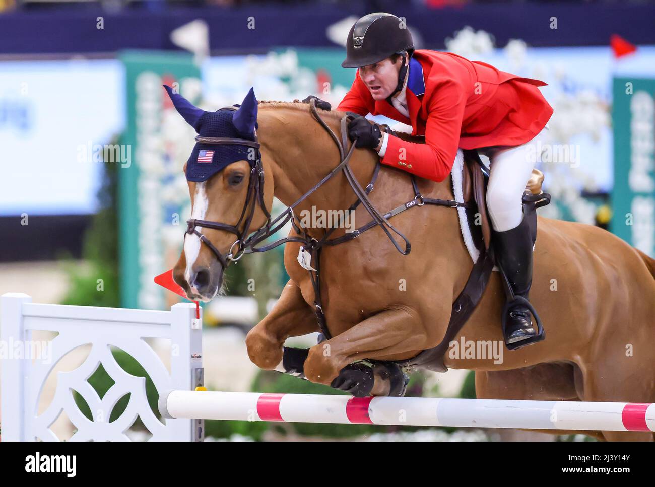 Leipzig, Germany. 10th Apr, 2022. McLain Ward from the USA rides Contagious in the final of the Longines Fei Jumping World Cup at the Leipzig Fair. Credit: Jan Woitas/dpa/Alamy Live News Stock Photo